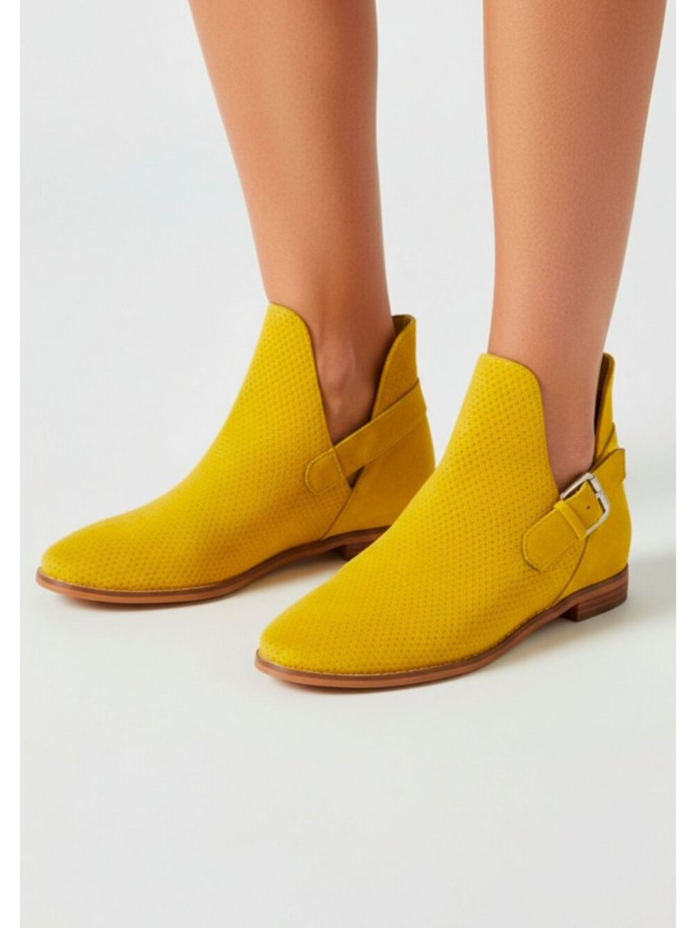 Khaki Perforated Faux Suede Pointed-Toe Ankle Boots With Buckle Strap Low Heel D